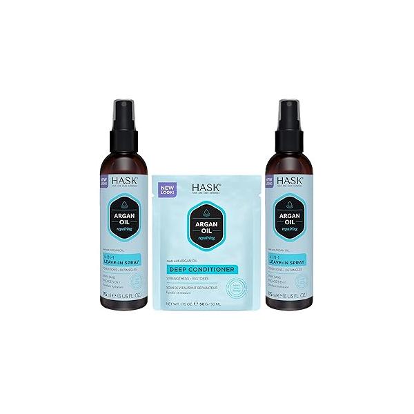 HASK Argan Oil 5-in-1 Leave-In Conditioner Duo (6oz-Qty 2) & Repairing Deep Packette, Color Safe, Sulfate-Free, Paraben-Free, Gluten-Free, for All Hair Types