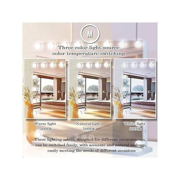 THEKLA Hollywood Makeup Vanity Mirror with Lights Dimmable 3 Color 15 Bulbs Lighted for Bedroom Wall Detachable Base Stand X10 Magnifying Desk Table