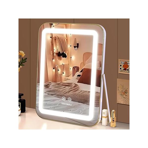 Vanity Mirror with Lights, 14.5" Light Up Makeup Mirror, LED Lights for Bedroom Tabletop, Smart Touch Control 3 Colors Dimmable, 360° Rotation