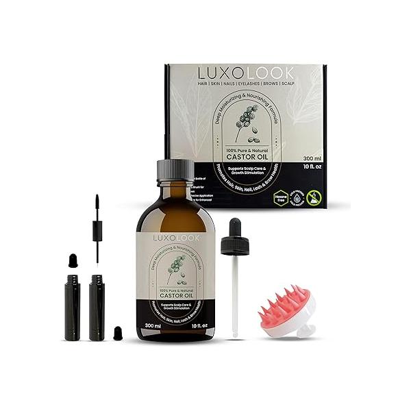 Pure Castor Oil - Cold Pressed 100% for Hair Growth, Skin, Eyebrows, Eye Lashes, Nails & Cuticles Hexane Free, Natural Unrefined Includes Dual Mascara, Dropper Scalp Massager