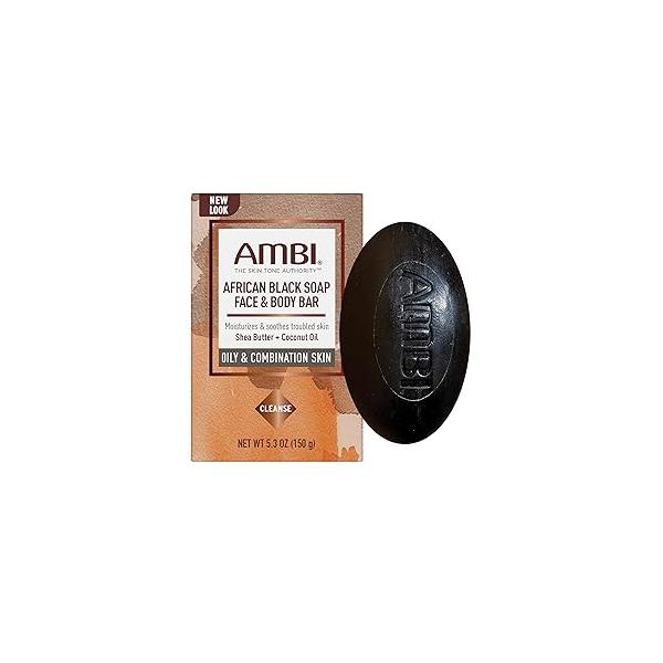 Ambi African Black Soap Face & Body Bar, Cleans and Nourishes Skin, Rinses Clear, 5.3 Ounce