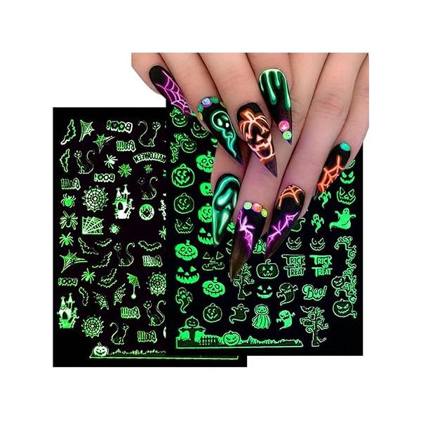 Halloween DIY Nail Art Glow in Dark Decals 3D Self-Adhesive Fluorescent Witch Spider Ghost Pumpkin Skulls Bats Snake Design for Women & Girls Acrylic 6 Pcs