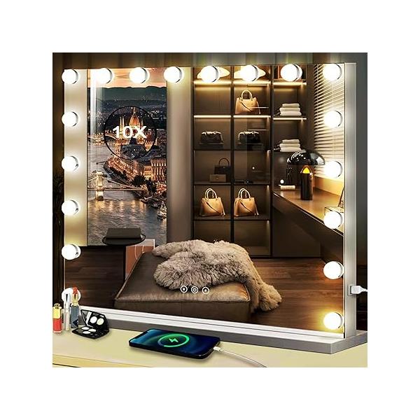 THEKLA Hollywood Makeup Vanity Mirror with Lights Dimmable 3 Color 15 Bulbs Lighted for Bedroom Wall Detachable Base Stand X10 Magnifying Desk Table