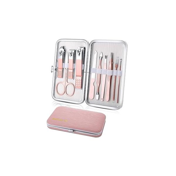 Manicure Set, Travel Mini Nail Clippers Kit Pedicure Care Tools, 10pcs Stainless Steel Grooming kit (Pink)