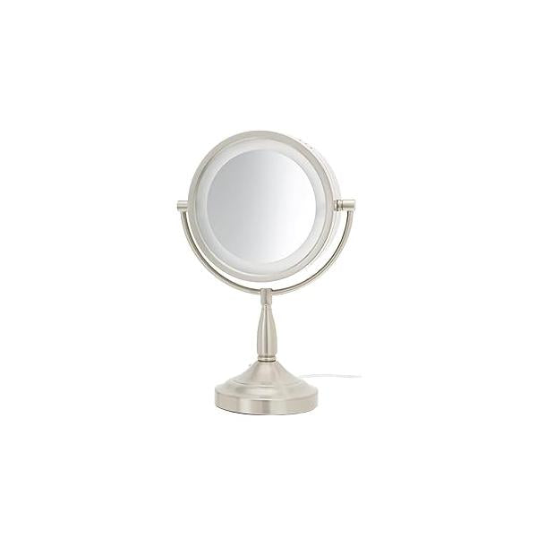 JERDON LED Lighted Tabletop Vanity Makeup Mirror - 8.5” Diameter with 7X-1X Magnification Nickel Finish Power Cord and Plug Model LT856N