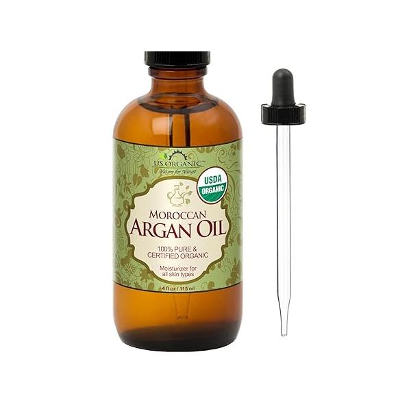 US Organic Moroccan Argan Oil, Cold-Pressed Virgin, USDA Certified, 100% Pure, Unrefined, for Hair, Skin, Nail & Cuticle Care, in Amber Glass Bottle, Sourced from Morocco (4 oz (Large))