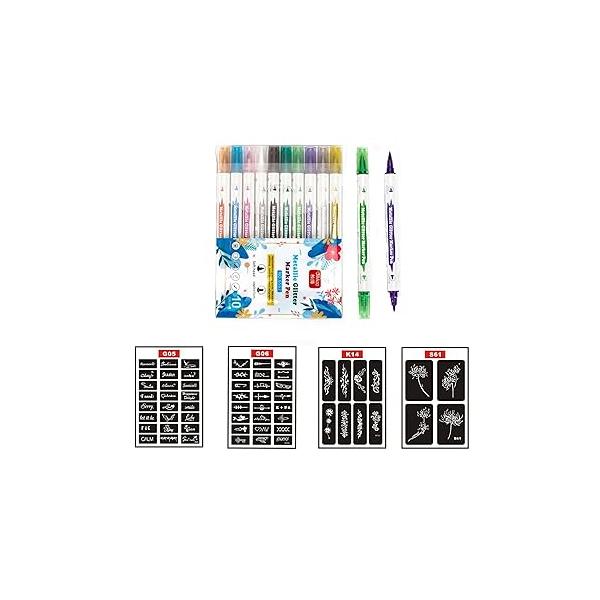 HuoHuo 10PCS Temporary Dual Tip Tattoo Pen,Temporary Markers for Skin,Washable & Shimmery Body Ink,Trendy Kit, Colored Ink Pens Face Art with 60 Stencil Papers