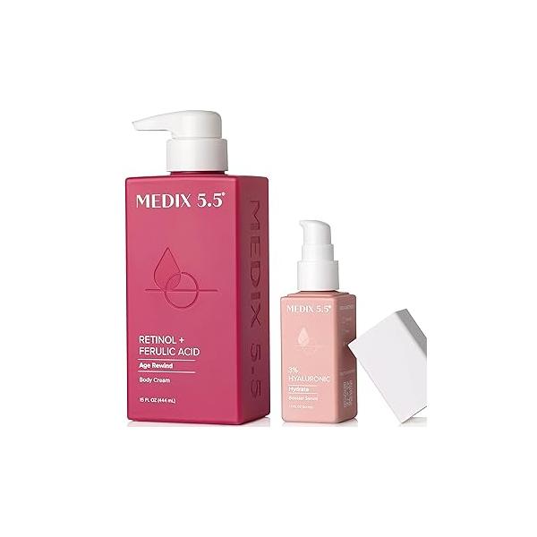 MEDIX Retinol Body Lotion + 3% Hyaluronic Acid Booster Serum Moisturizer 2PC Skin Care Set | Crepey Treatment Cream Targets Appearance Of Sagging Crepe & Wrinkles,