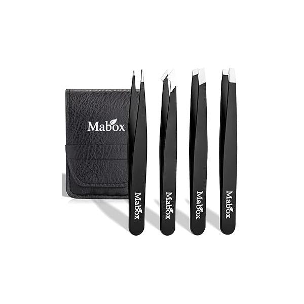 Professional Tweezer Set with Case - 4 Pieces Slanted and Pointed Stainless Steel Set, Precision Slant Tweezers for Eyebrows, Facial Hair, Ingrown Splinter Blackhead (Black)