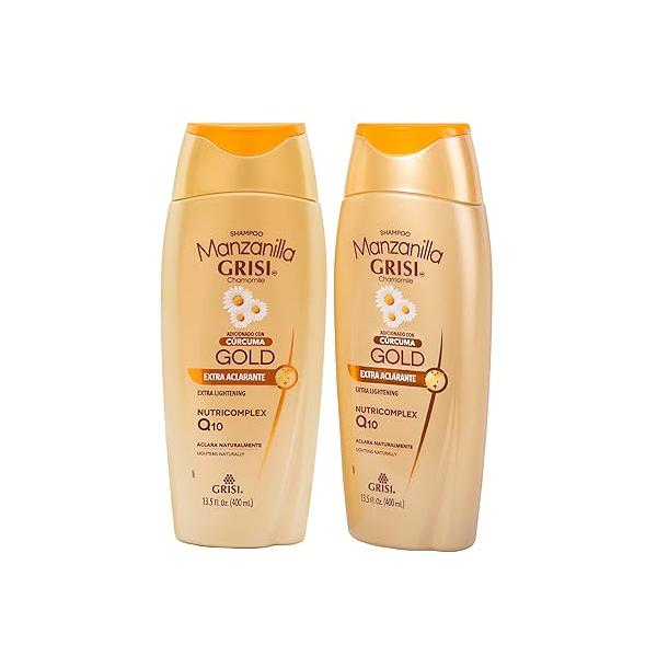 Manzanilla Grisi Gold Extra Lightening Shampoo Cleansing and with Chamomile Extract Turmeric Lightens Naturally Soft Luminous Hair, 2 Pack of 13.5 FL Oz, Bottles, Count