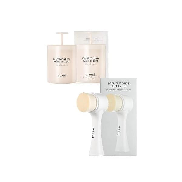 NOONI Facial Cleansing Tool - Marshmallow Whip Maker + Pore Manual Dual Brush | Massager and Exfoliator, Soft Bristle & Silicone Brush, 1 Count Bundle