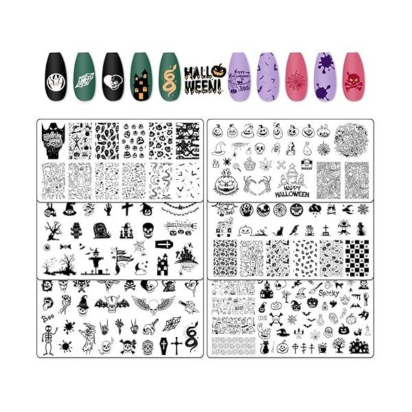 Hying 6pcs Halloween Nail Art Stamping Plates for Women Art, Stainless Steel Jack-o'-Lantern Skull Template Set Decoration Skeleton Ghost Bats Stamp Templates Kit