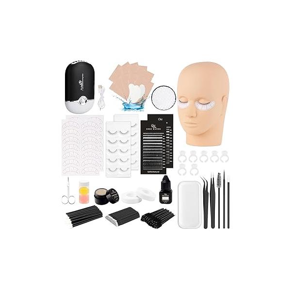 Lash Eyelash Extension Kit, Kit for Beginners, with Mannequin Head, Individual Glue, Remover, Fan, Supplies Tools Practice Training