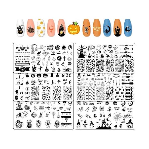 Hying 6pcs Halloween Nail Art Stamping Plates for Women Art, Stainless Steel Jack-o'-Lantern Skull Template Set Decoration Skeleton Ghost Bats Stamp Templates Kit