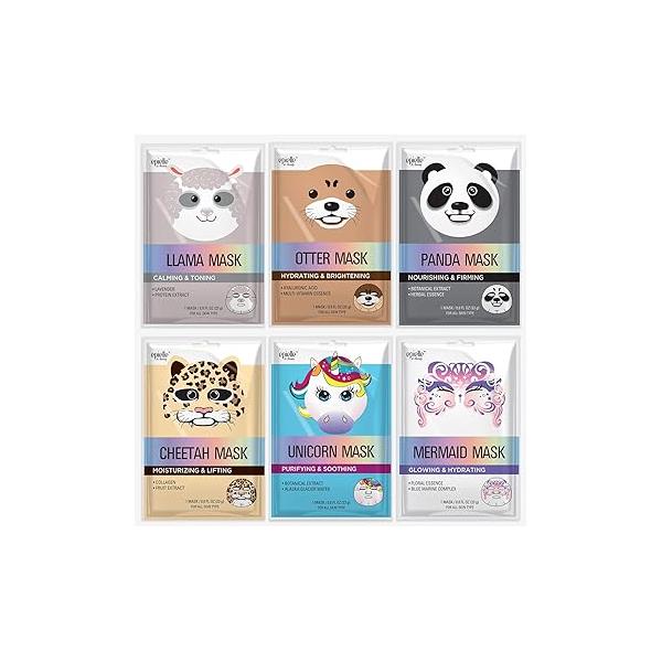 Epielle Animal Character Sheet Masks 6 Pack, Moisturizing & Hydrating Face Mask with Hyaluronic Acid Botanical Extract, Korean Skin Care, Girls Spa Party Favors, Sleepover, Self Care Gifts for Women