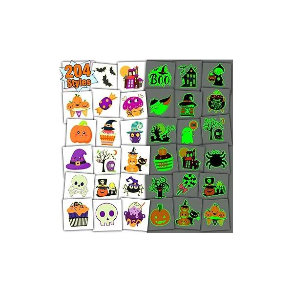 Partywind 204 PCS Individually Wrapped Sheets Glow Halloween Tattoos for Kids Party Decorations, Luminous Pumpkin/Candy/Ghost Tattoo Stickers, Treats, Supplies
