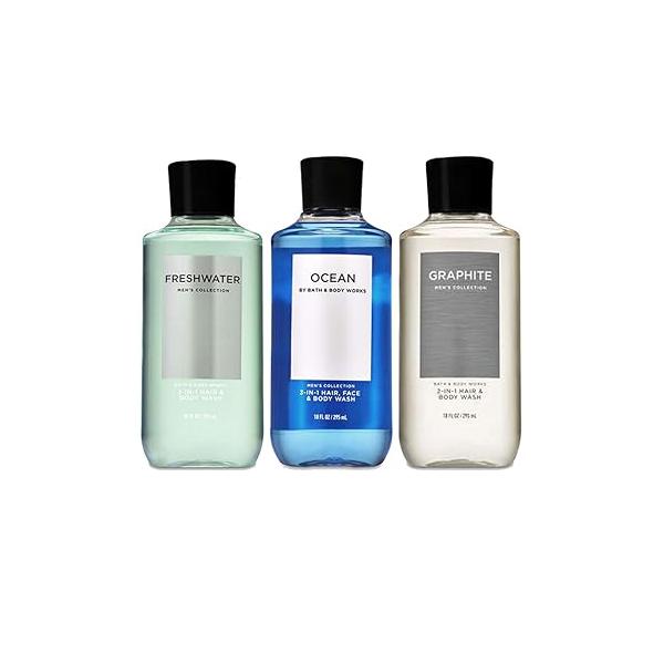 Bath and Body Works 3 Pack 2-in-1 Hair + Wash Freshwater, Graphite Ocean. 10 Oz.