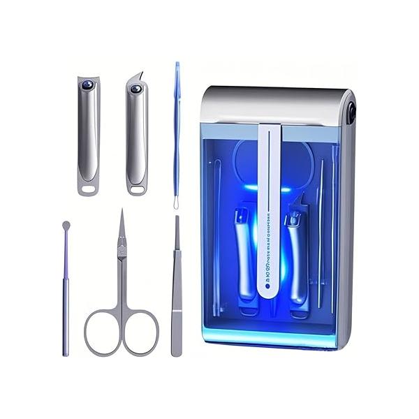 Nail Clipper Set with Disinfection Rechargeable Storage Box 6Pcs Manicure Pedicure Kit Stainless Steel Grooming Tools Fingernail and Toenail Cutters Perfect Gifts for All Genders