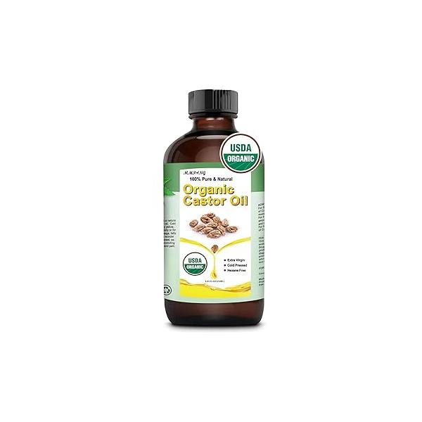 Premium Organic Castor Oil (8.45 oz/250ml) USDA Certified 100% Pure Natural Cold Pressed Unrefined Virgin Hexane Free for Hair Growth, Thicker Lashes, Eyebrows & Moisturizes Skin, Glass Bottle