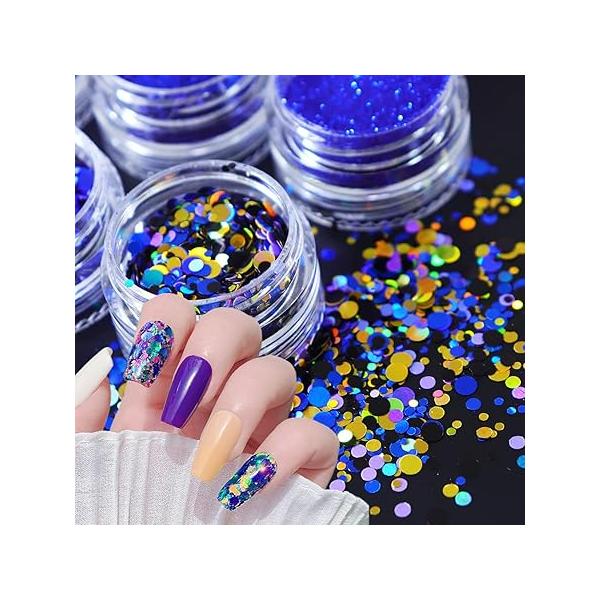Holographic Nail Sequin Glitter Accessories, Colorful 3D Irregular Small Discs Designs, Acrylic False Nails Manicure Tips Kit for fingernail toenail Art Decorations(8 Boxes)