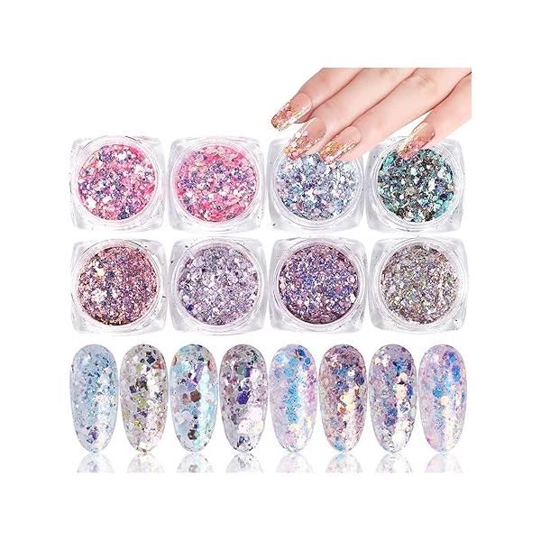 Holographic Nail Sequin Glitter Accessories, Colorful 3D Irregular Small Discs Designs, Acrylic False Nails Manicure Tips Kit for fingernail toenail Art Decorations(8 Boxes)