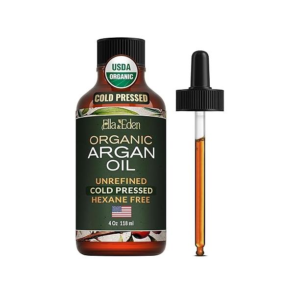 Ella & Eden Organic Argan Oil for Hair, Face Skin | Moroccan Oil, USDA Certified, 100% Pure, Cold-Pressed, Unrefined, Glass Bottle - 4 Oz