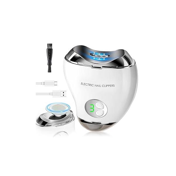 Electric Nail Trimmer, Clipper with Led Light, Automatic Fingernail Clippers, USB Rechargeable Trimmer 3 Speeds for Baby, Kids, Seniors