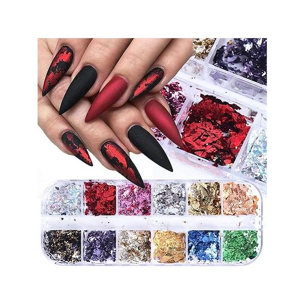 Holographic Nail Sequin Glitter Accessories, Colorful 3D Irregular Small Discs Designs, Acrylic False Nails Manicure Tips Kit for fingernail toenail Art Decorations(8 Boxes)