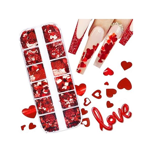 Heart Nail Art Glitters for Valentine Day Charms Decorations Love Sequins Flakes,Holographic Red Stickers Acrylic Nails Supplies Manicure Accessories 12 Grids