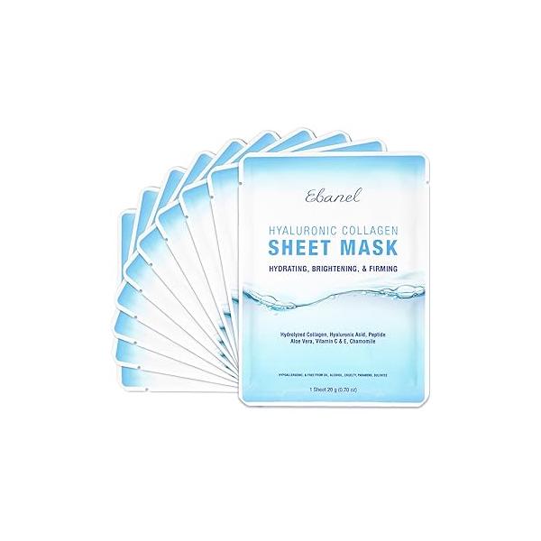 Ebanel 10 Pack Collagen Peptide Hydrating Face Masks, Instant Brightening Firming Anti Aging Sheet Moisturizing Spa Facial Mask Skincare with Hyaluronic Acid, Vitamin C, Chamomile, Aloe