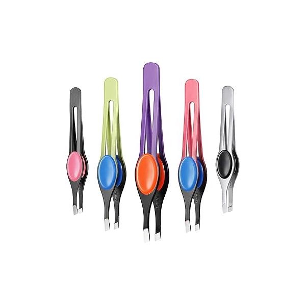 Chumia 5 Pieces Non-Slip Grip Tweezers Slanted Tip Stainless Steel Tweezer Wide Precision Clip for Ingrown Hair Eyebrow Shaping Splinter Blackhead Remover (Colorful Rubber Grip)