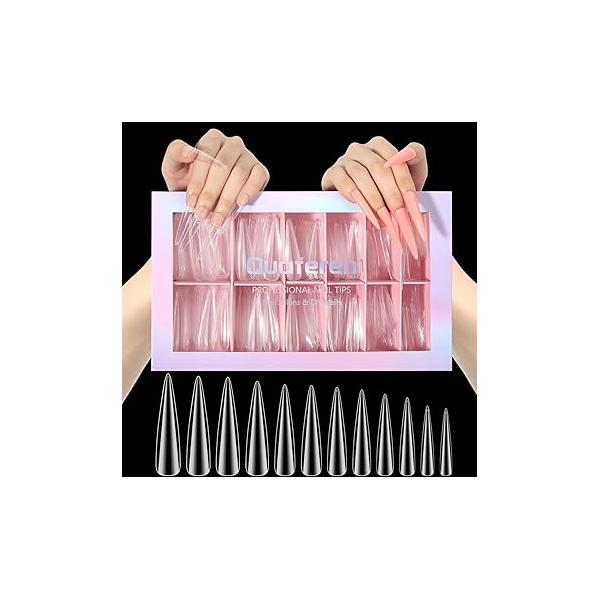 Clear Stiletto Nail Tips, No C Curve Medium Tip for Acrylic Nails Professional, 550PCS Soft Gel Tips Half Cover Almond Fake Extension Salon Home DIY