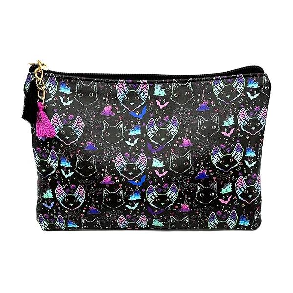 Cute Small Cosmetic Bag Mini Makeup for Women and Girls,PU Leather Travel Toiletry Accessories Organizer with Zipper Tassel (Gothic Bats)