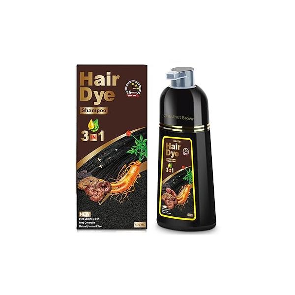 Hair Dye Shampoo 3 in 1, Herbal for Women Men, Grey Coverage 500ml (Black)
