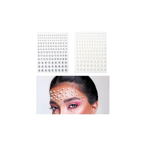 Rhinestone Pearl Face Gems Stick on Self-Adhesive Hair Eyes Stickers Make Up Assorted Temporary Tattoo Rhinestones Faux Sticker 2 Sheets Bridal Makeup Wedding Accessories for Women
