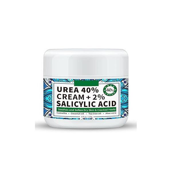 40% Urea Cream for Feet Plus 2% Salicylic Acid || 40 Percent Dry Cracked Heels Knees, Foot Maximum Strength : Hyaluronic Acid, Tea Tree, Aloe Vera Deep Moisturizes