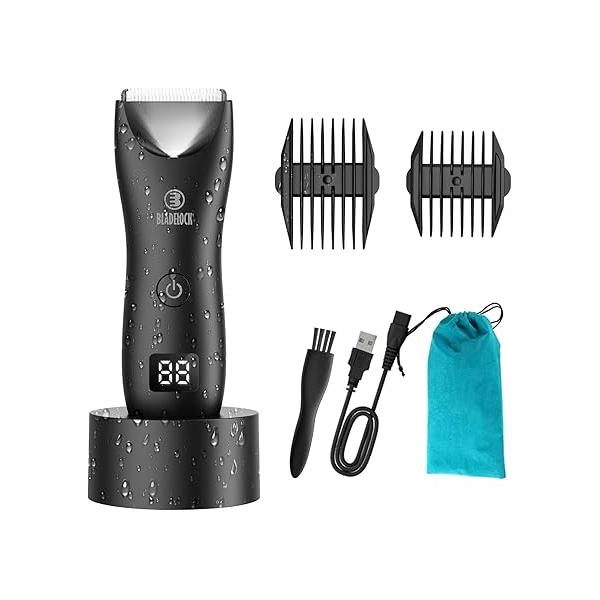 Favrison Body Hair Trimmer for Men, Electric Ball with Ceramic Blade, Waterproof Pubic Groin Mens Grooming Kit LCD Display & Recharge Dock (Black)