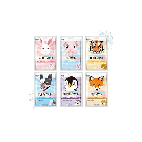 Epielle Animal Character Sheet Masks 6 Pack, Moisturizing & Hydrating Face Mask with Hyaluronic Acid Botanical Extract, Korean Skin Care, Girls Spa Party Favors, Sleepover, Self Care Gifts for Women