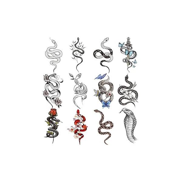 Ooopsiun 12 Large Sheets Snake Temporary Tattoos For Men Women, Cool Waterproof Body Fake Tattoo Sticker for Aldult 3D Cobra Mamba Viper Arm