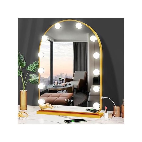 THEKLA Hollywood Makeup Vanity Mirror with Lights Dimmable 3 Color 15 Bulbs Lighted for Bedroom Wall Detachable Base Stand X10 Magnifying Desk Table