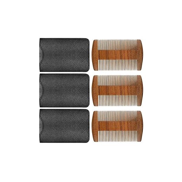 Natural Sandalwood Wooden Dual Action Beard and Mustache Comb Set with Leather Cases for Beards Mustaches (Black, Yellow, Brown)