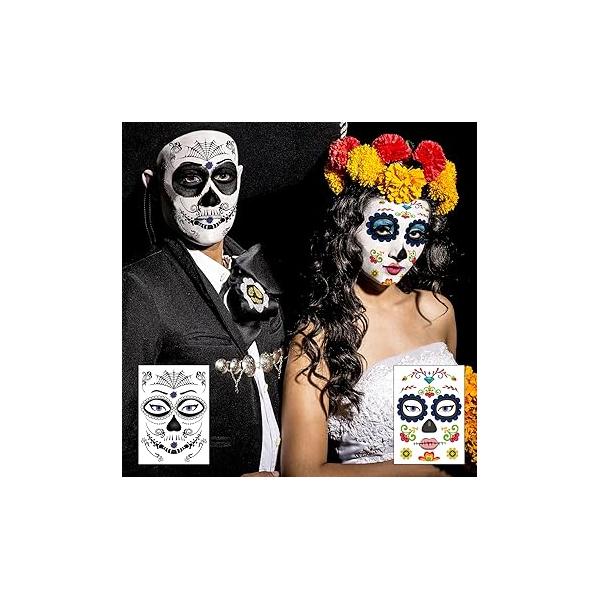 TailaiMei 12 Sheets Day of the Dead Face Skeleton Tattoos/Dia De Los Muertos, Halloween Sugar Skull Costume Makeup Temporary Tattoos for Apparel Party