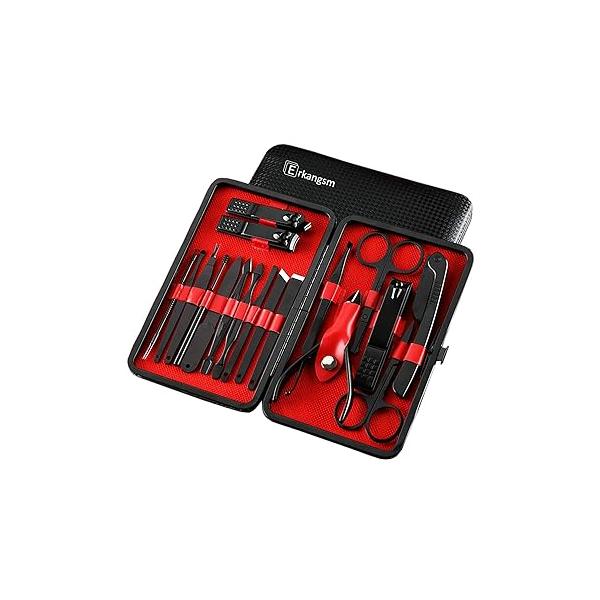 Professional Manicure Pedicure Stainless Set - Erkangsm 18 in 1 Grooming Kit,Nail Clippers,Toenails Scissors,Ear Pick,Nail Tools with PU Leather Travel Case (Black)