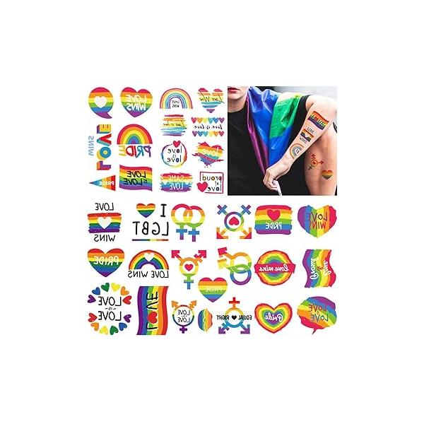 Pride Day Rainbow Temporary Tattoos, 73pcs LGBTQ Fake Tattoo Designs, Gay Parade Body Painting Party Celebration Personality Decoration, Waterproof Stickers, Heart Love Stripes Art Favor Supplies