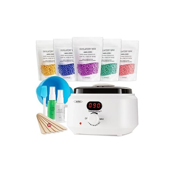 Sunvivi Waxing Kit, Brazilian Wax Warmer for Hair Removal with 5 Bag Hard Beads, Digital Display Melt Kit Women Men Full Body, Legs, Face, Bikini,Sensitive skin, White