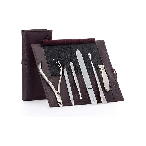 GERMANIKURE 6pc Manicure Set in Beige Leather Case - FINOX Stainless Steel Tools Made Germany, Glass Nail Care Supplies Czech Republic - Professional Cuticle and Kit
