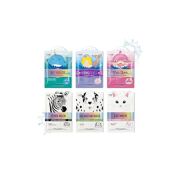 Epielle Animal Character Sheet Masks 6 Pack, Moisturizing & Hydrating Face Mask with Hyaluronic Acid Botanical Extract, Korean Skin Care, Girls Spa Party Favors, Sleepover, Self Care Gifts for Women