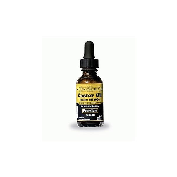 Renataterra Aceite de Ricino Negro Dominicano prensado en frio 1 oz - para el crecimiento del cabello, rostro, cuero cabelludo, cejas y pestañas más gruesas., ambar
