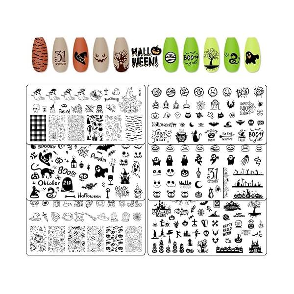 Hying 6pcs Halloween Nail Art Stamping Plates for Women Art, Stainless Steel Jack-o'-Lantern Skull Template Set Decoration Skeleton Ghost Bats Stamp Templates Kit