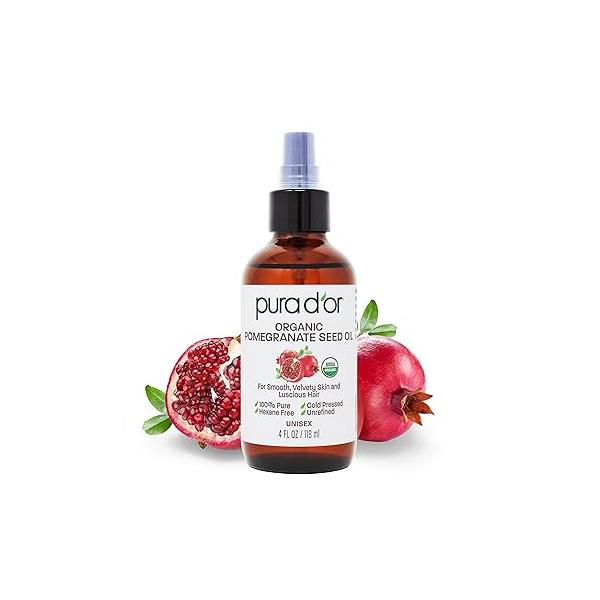 PURA D'OR 4 Oz Organic Pomegranate Oil - 100% Pure USDA Certified Premium Grade Cold Pressed Body For Hair, Face, & Skin Hair Moisturizer Cleansing Scar